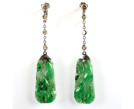 A pair of Art Deco jade and diamond gourd drop earrings, unmarked white metal settings with carved decoration and screw-back 