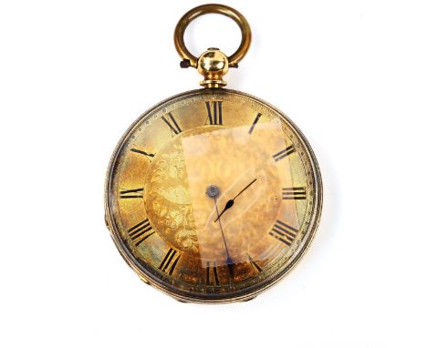 BAUME - a Swiss 18ct gold open-face key-wind pocket watch, engraved gilded dial with Roman numeral hour markers, blued steel 