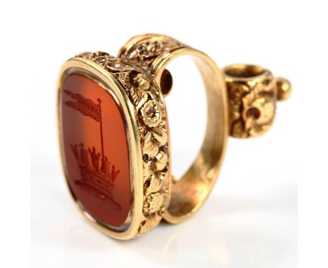A large 19th century carnelian seal fob pendant, intaglio carved with coronet and banner with motto "Arrow", unmarked gold fo