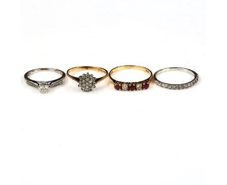 4 x 9ct gold stone set rings, including solitaire diamond, ruby, half eternity etc, 6.1g total (4)No damage or repairs, all s