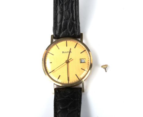 BULOVA - a 9ct gold mechanical wristwatch, circa 1979, gilded dial with baton hour markers, sweep centre seconds hand and dat