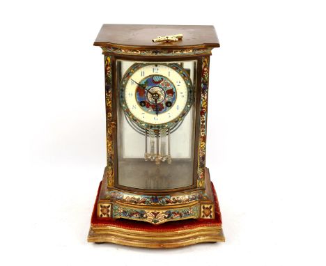 A brass-cased cloisonne enamel 4-glass 8-day mantel clock, cream enamel dial with hand painted blue Arabic numerals and movem