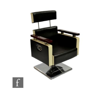 Unknown - A barber's swivel chair, upholstered in black and white vinyl with adjustable back and stained beech arm rests, all