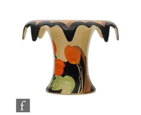 Myott Son &amp; Co - A 1930s Art Deco flower 'Overflow' vase of flared trumpet form with curled petals to the rim, the body d