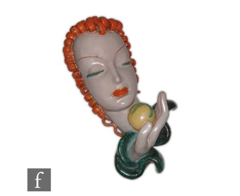 Rudolph Knorlien - Goldscheider A 1930s Art Deco pottery wall mask 'Eve', modelled as the head of a lady with orange curly ha