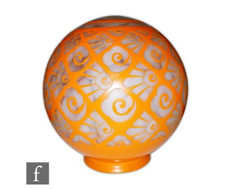 Unknown - A large French 1920s cameo glass lamp shade of spherical form with a lipped rim, cased in orange over a mottled whi