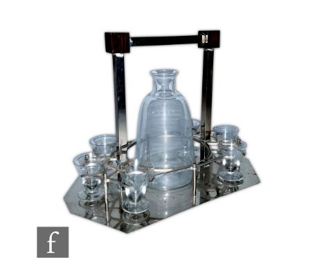 Unknown - An Art Deco liqueur set, the chromed octagonal base with arched chromed handle with rosewood block design, the fram