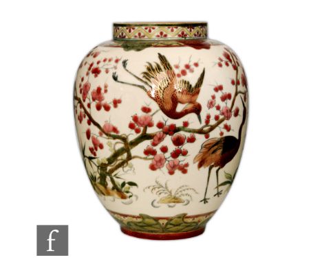 Zsolnay Pecs - An early 20th Century Aesthetic vase of swollen ovoid form decorated with crane type birds, blossom and foliag