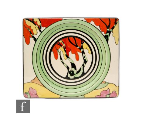Clarice Cliff - Honolulu - A Biarritz dinner plate painted to the whole body with a stylised tree scene with red, yellow and 