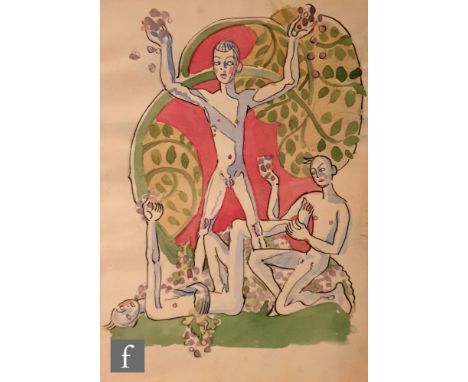 Albert Wainwright (1898-1943) - A sketch depicting three naked young men in standing and reclining pose to a stylised Art Dec
