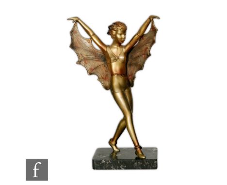 Josef Lorenzl - A 1930s Art Deco spelter figure of a dancing girl with her arms outstretched to reveal butterfly wings, signe