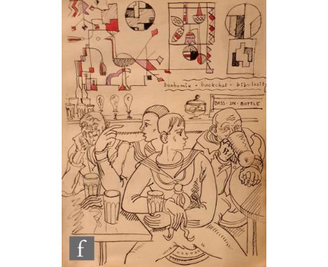 Albert Wainwright (1898-1943) - A study depicting two sailors drinking to a pub interior with locals, the background depictin