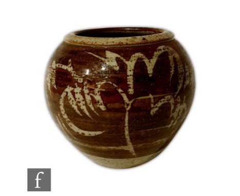 Possibly Derek Clarkson - A later 20th Century studio pottery vase of ovoid form with a roll rim, decorated in the style of B