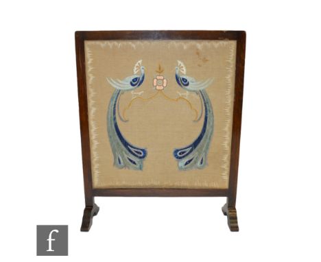 Unknown - An Arts and Crafts beech framed firescreen with stepped sledge feet, with central needlework panel study of two pea