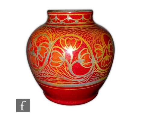 Richard Joyce - Pilkingtons Royal Lancastrian - A shape 3160 ruby lustre vase of ovoid form with a squat collar neck decorate