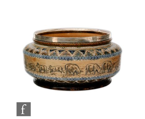 Hannah Barlow - Doulton Lambeth - A late 19th Century high sided bowl decorated with an incised band of pigs and piglets flan