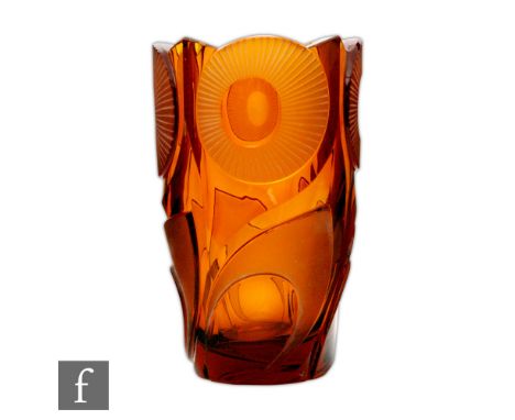 Haida - A 1920s Art Deco amber glass vase, of sleeve form, cut and with panels of abstract decoration of stylised flames and 