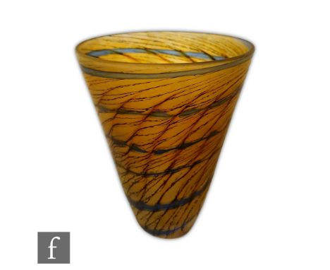 Unknown - A contemporary art glass vase, circa 1980s, of tapering form decorated with a blue spiral trail and black and amber