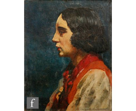 English School (Circa 1930) - Profile portrait of a young woman wearing a red scarf, oil on board, signed indistinctly, frame