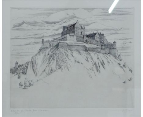Freddie Theys, Edinburgh Castle From The West, etching, signed in pencil, in a glazed frame, 30 x 25cm 