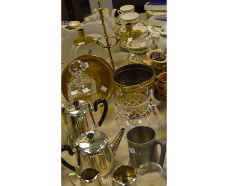 Household Goods - a cut glass decanter; cut glass water jug; silver plated four piece tea service; brass candelabrum; etc