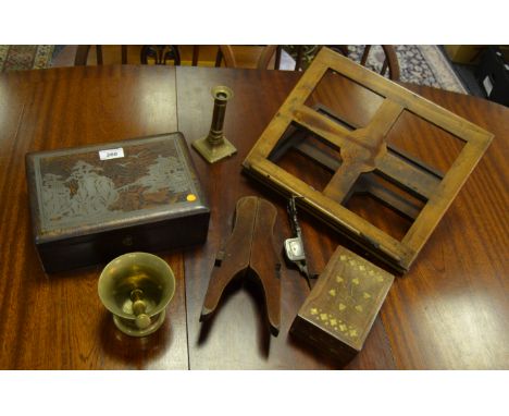 Boxes and Objects - a 19th century bronze pestle and mortar; a George III brass candlestick, c.1800; a Victorian mahogany fol