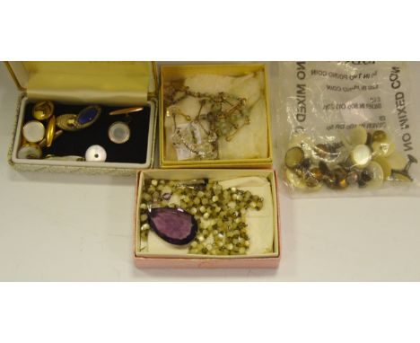 Jewellery - an amethyst glass and mother of pearl bead necklace;  others;  cufflinks, shirt studs etc qty