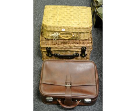 Vintage luggage - a wicker basket, with straps, another smaller; a vinyl suitcase (3)