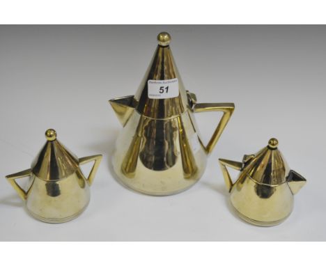 A  three piece  gilded conical chrome tea service, tall pointed covers, ball finials, angular handles