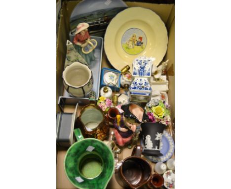 Ceramics - a Victorian copper lustre jug, c.1860; Nottingham crested ware (4); Delft; Royal Copenhagen shelf; a Melba Ware ch