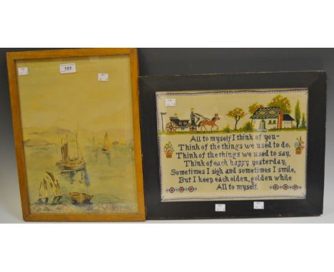 An early 20th century needlework rectangular sampler, worked with a landscape of horse and carriage, figures, cottage and tre