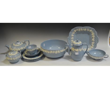 Wedgwood Embossed Queen's Ware - globular tea pot, coffee pot, sucrier and cover, tea cup and saucer, circular bowl, etc (12)