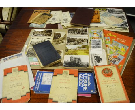 Ephemera - scrapbooks containing various topographical postcards, c.1930 and onwards; motoring maps of Great Britain; Ordnanc