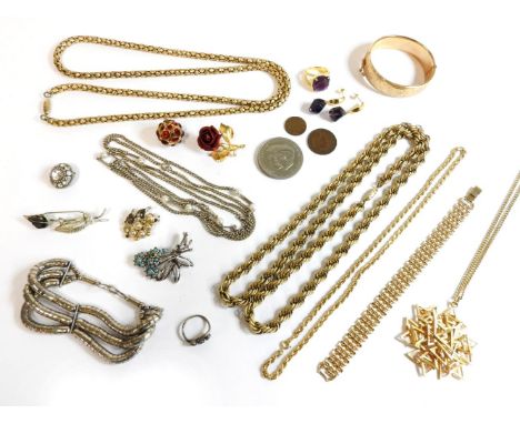 A large quantity of costume jewellery, to include a pair of amethyst earrings, and a gilt metal chequered amethyst ring, gilt