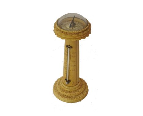 A late 19th century carved ivory compass, and thermometer desk ornament