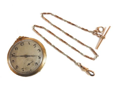 A 9ct gold open faced pocket watch, with silvered dial, Arabic numerals, and subsidiary seconds dial, engine turned decoratio