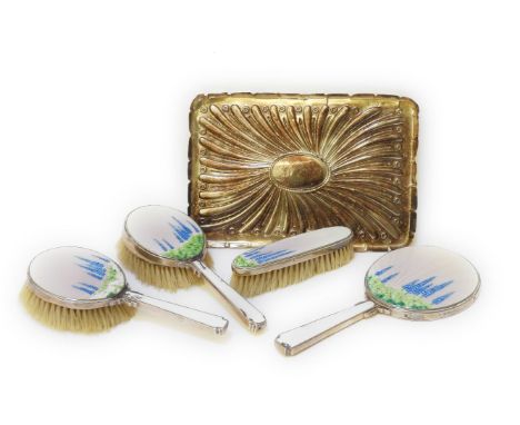 A silver dressing tray, and a four piece silver and enamel dressing table set