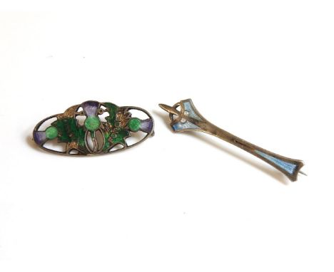 A Charles Horner silver enamel brooch, set with blue and white guilloche enamel, Chester 1912, and another Scottish enamel br