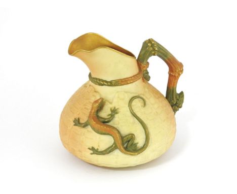 A Royal Worcester basket weave ewer, faux horn handle, a gecko to the outside of the ewer, 15.5cm
