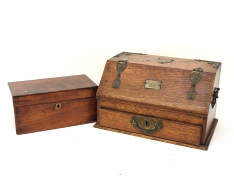 A late Victorian oak and metal mounted stationary box, and a 19th century mahogany tea caddy