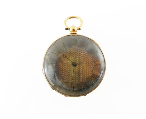 A gold open faced fob watch, with silvered engine turned decorated dial and Roman numerals, marked K18, 33.34g