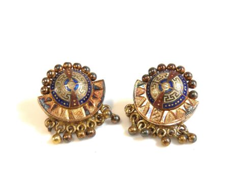 A pair of gold earrings, with red, blue and white enamel, 7.89g, (tested as approximately 18ct gold)