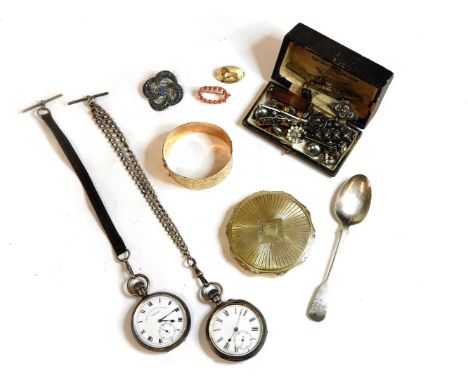 A collection of jewellery, to include a Street & Co. Newcastle Upon Tyne silver pocket watch, a gold plated hinged bangle wit