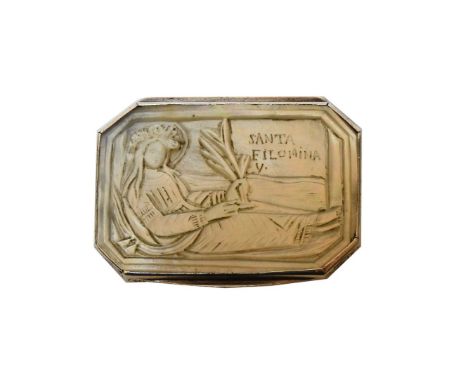 A mother of pearl silver plated snuff box, the hinged cover, mounted with 'Santa Filomina' holding an olive branch, engraved 