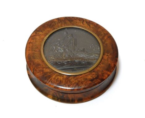 A burr wood snuff box and cover, the cover mounted with a medallion entitled 'Bertrand et Montholon', the interior with torto