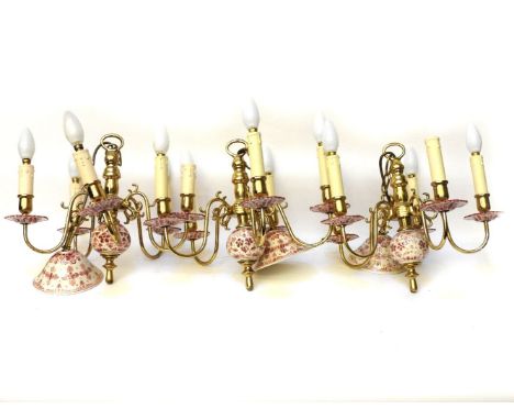 Three porcelain mounted hanging fire light electroliers