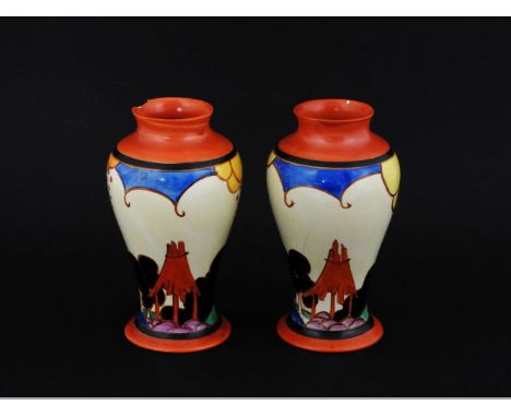 A pair of Clarice Cliff bizarre vases, in the 'Summerhouse' pattern