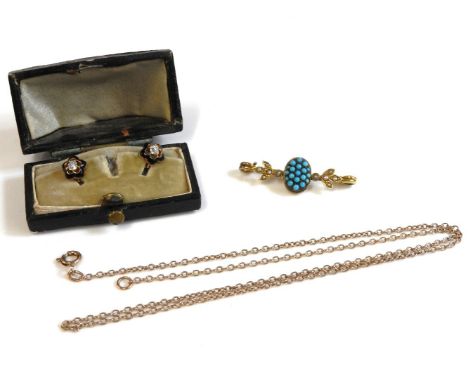 A pair of gold cushion cut diamond and black enamel studs, a gold turquoise cluster and split pearl bar brooch, and a gold Ru