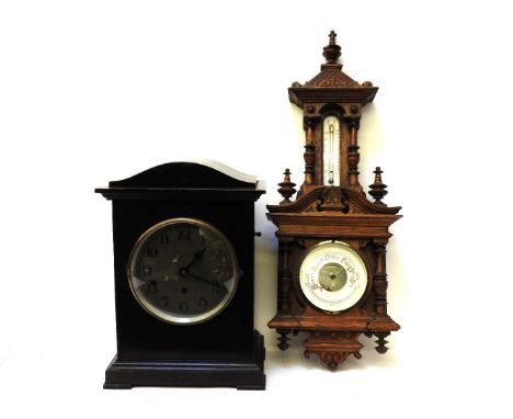 A George V bracket clock, chiming on five gongs, 40cm, and a late Victorian walnut barometer