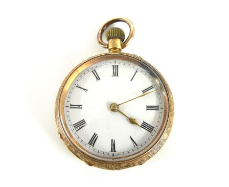 A Swiss gold open faced fob watch, white enamel Roman numerals, and engraved decoration, with vacant cartouche, 18k